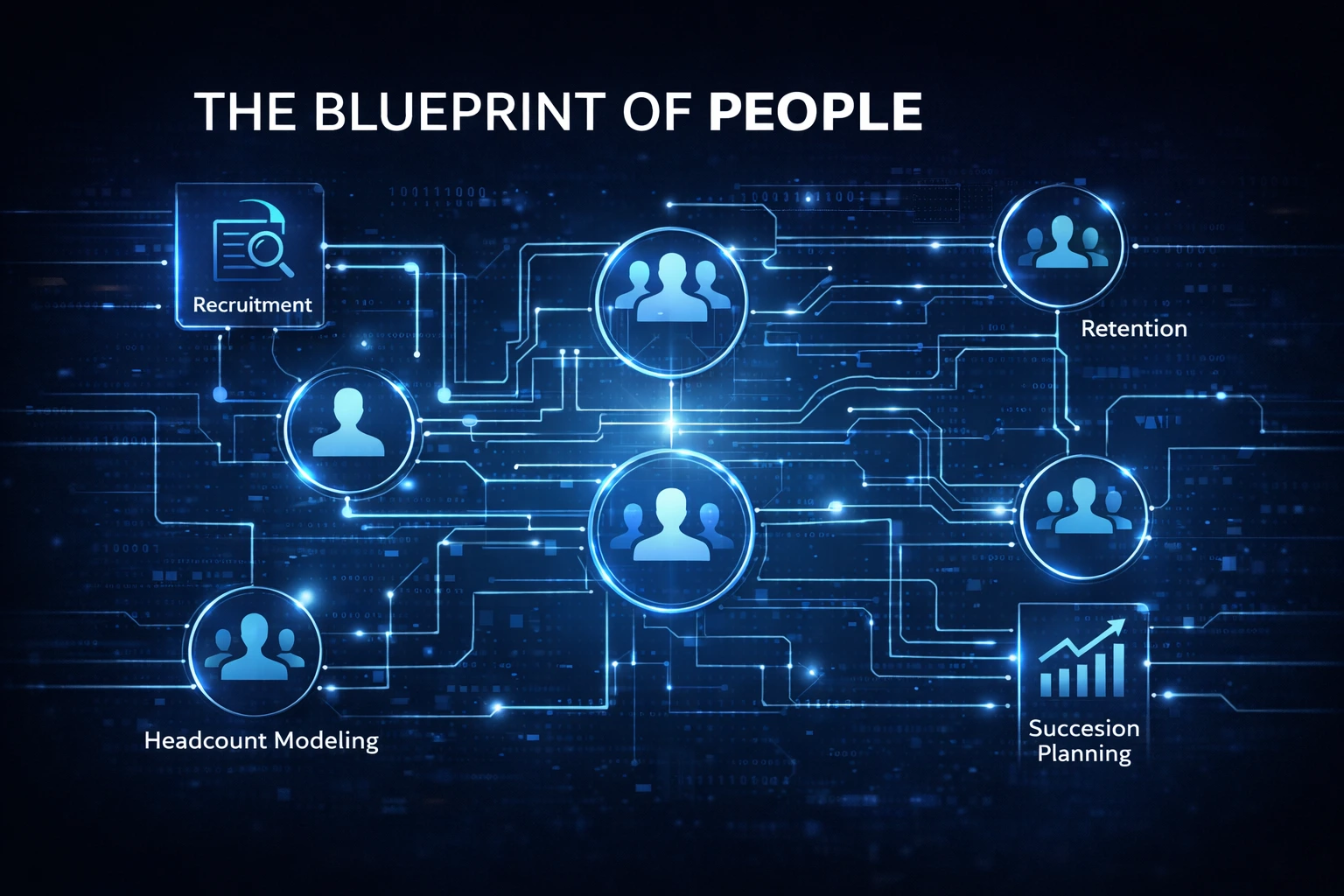 Abstract organizational blueprint with connected human silhouettes, showing recruitment-to-retention flow and planning icons.